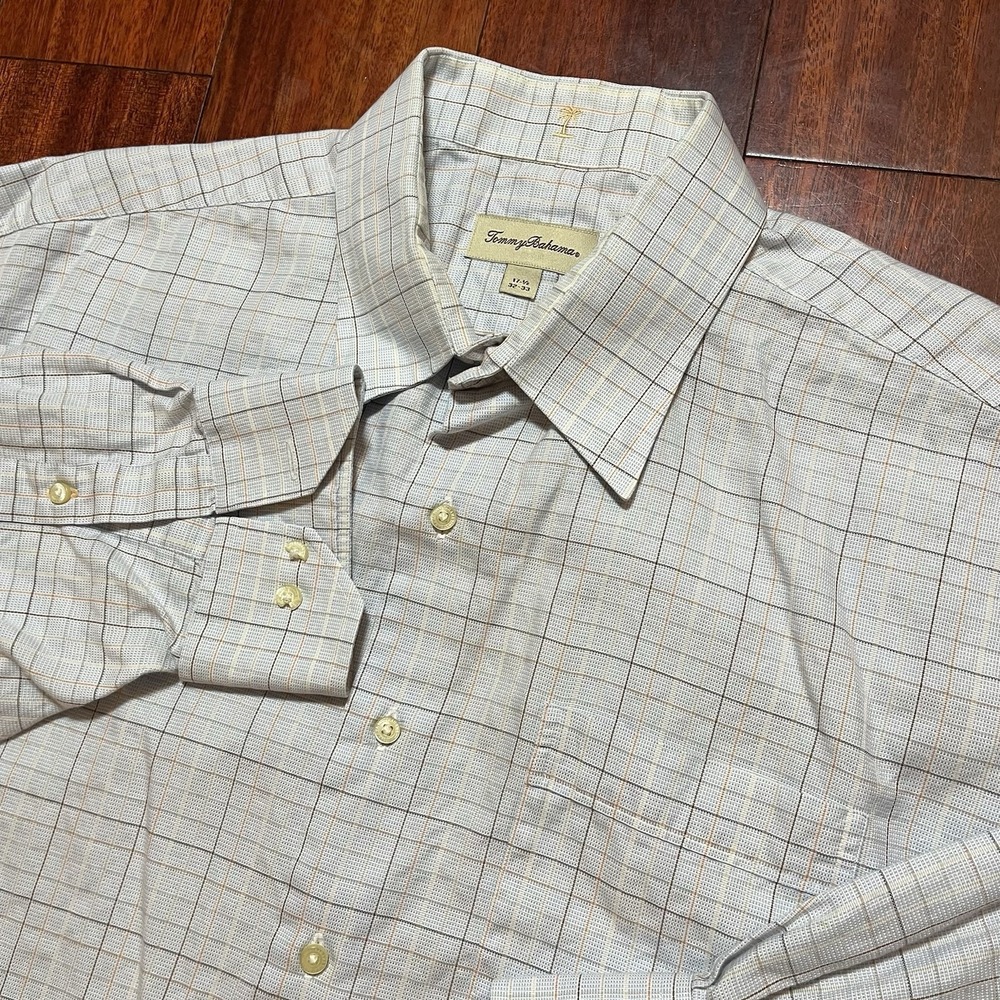 Tommy Bahama Shirt Men 17.5 32 33 Blue Plaid Preppy 100% Cotton Preppy READ*